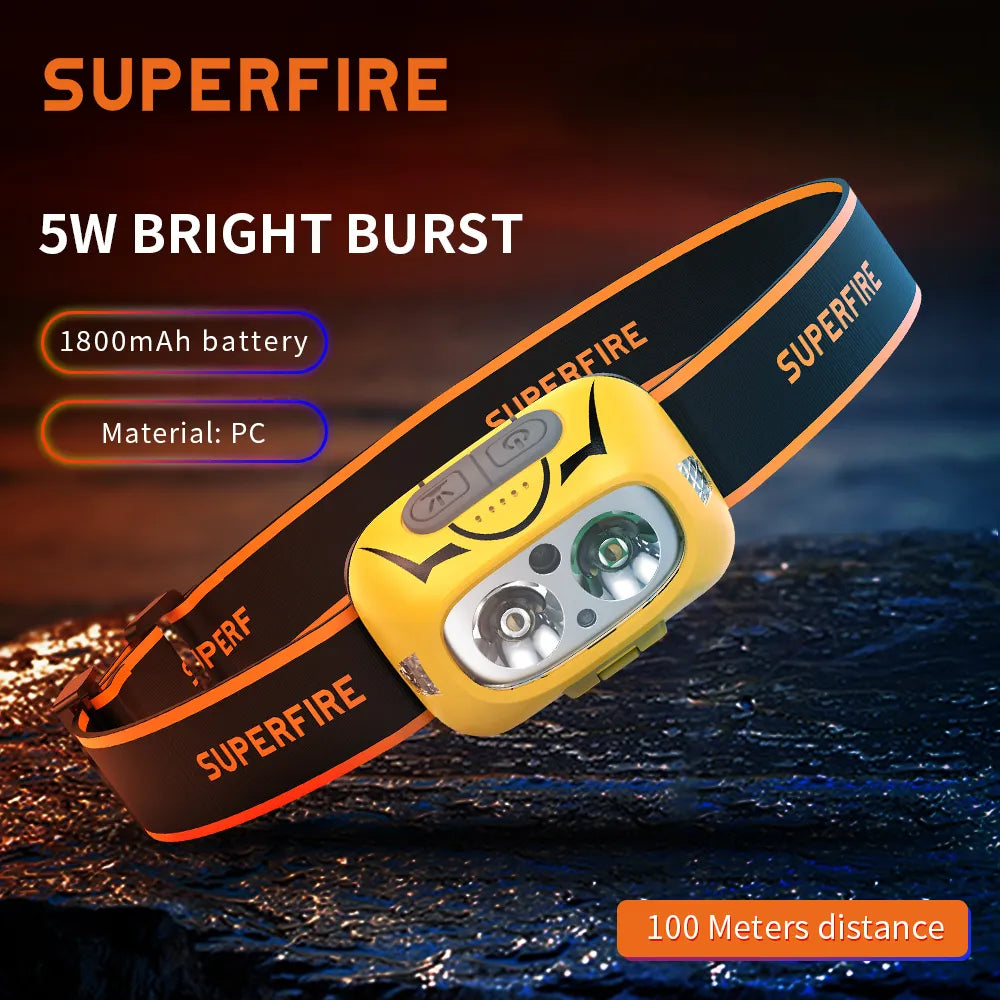 Solar-powered campsite cook stove-SuperFire HL05-S LED Headlamp Induction Strong Light Charging White And Yellow Dual Light Head-Mounted Night Fishing