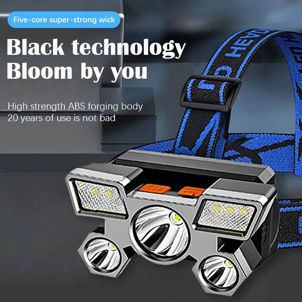 Padded moisture-wicking hiking socks-Led Five Head Headlight Strong Light Super Bright Headlamp USB Rechargeable Fishing Lamp Long Range Head Mounted Mine Flashlight