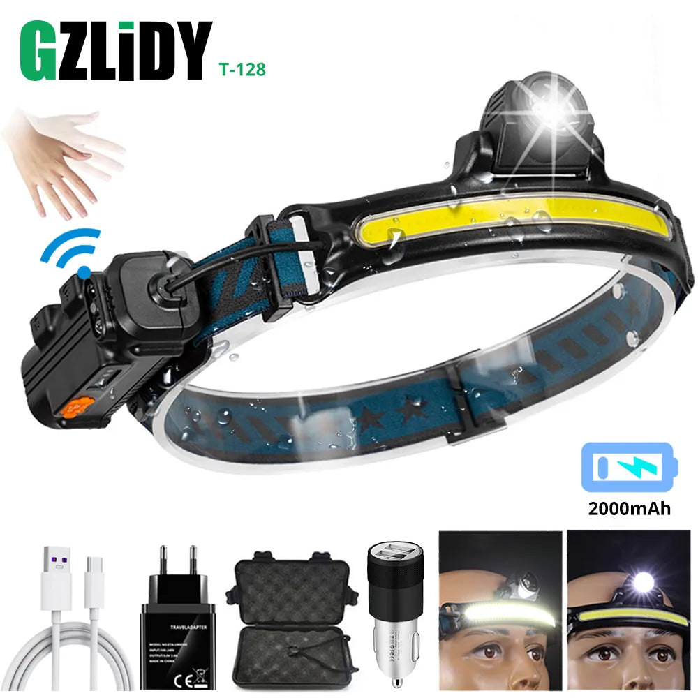 Reflective adhesive trail tape-IR Sensor COB Headlamp Powerful USB Lantern Lamp Waterproof LED Headlight Fishing Head Torch 6 Modes 2000mAh 18650 Flashlight