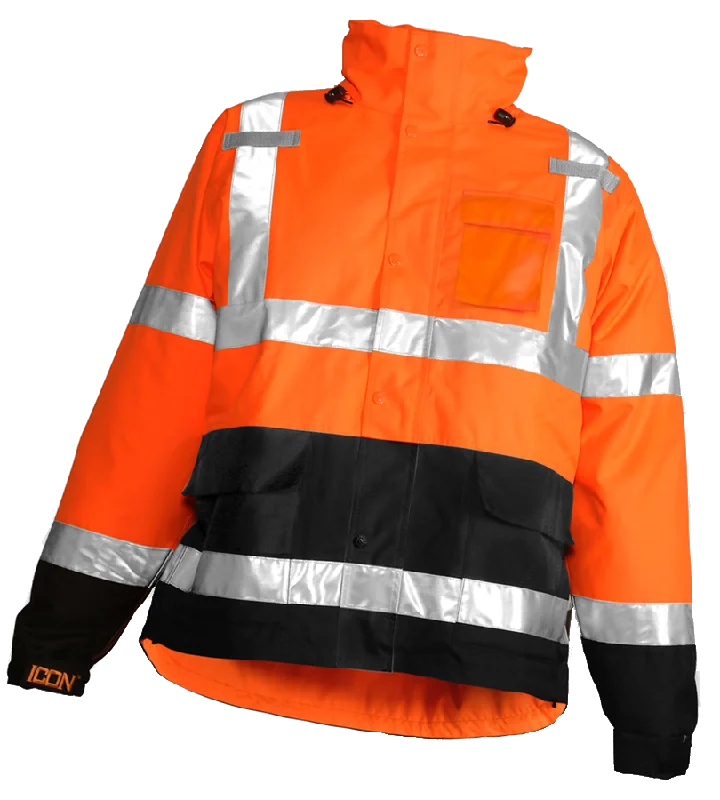 Braided high-tensile hiking rope-Icon™ Jacket - Type R Class 3 - Fluorescent Orange-Red-Black - Attached Hood - Silver Reflective Tape