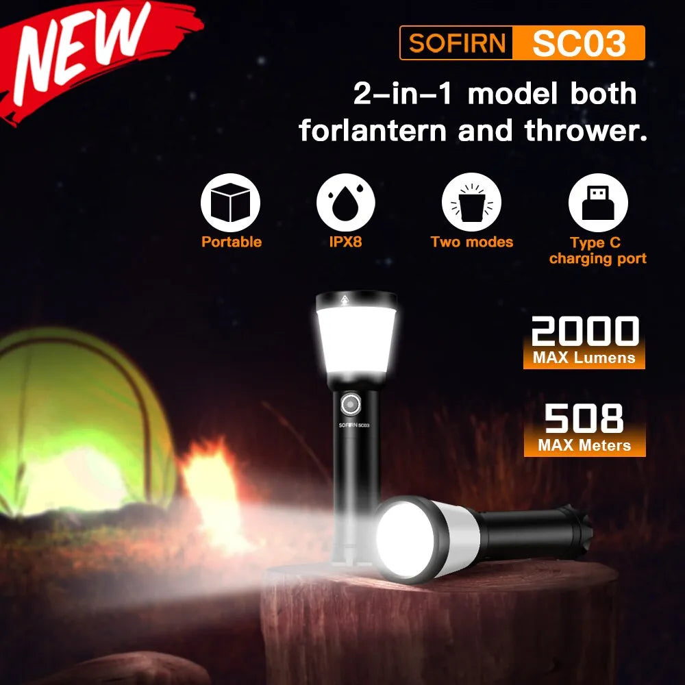 Elasticated hiking cargo shorts-Sofirn SC03 Camping Light 2in1 2000LM Powerful Flashlight USB C Rechargeable 21700 Lantern Outdoor Torch with Combo Side Light