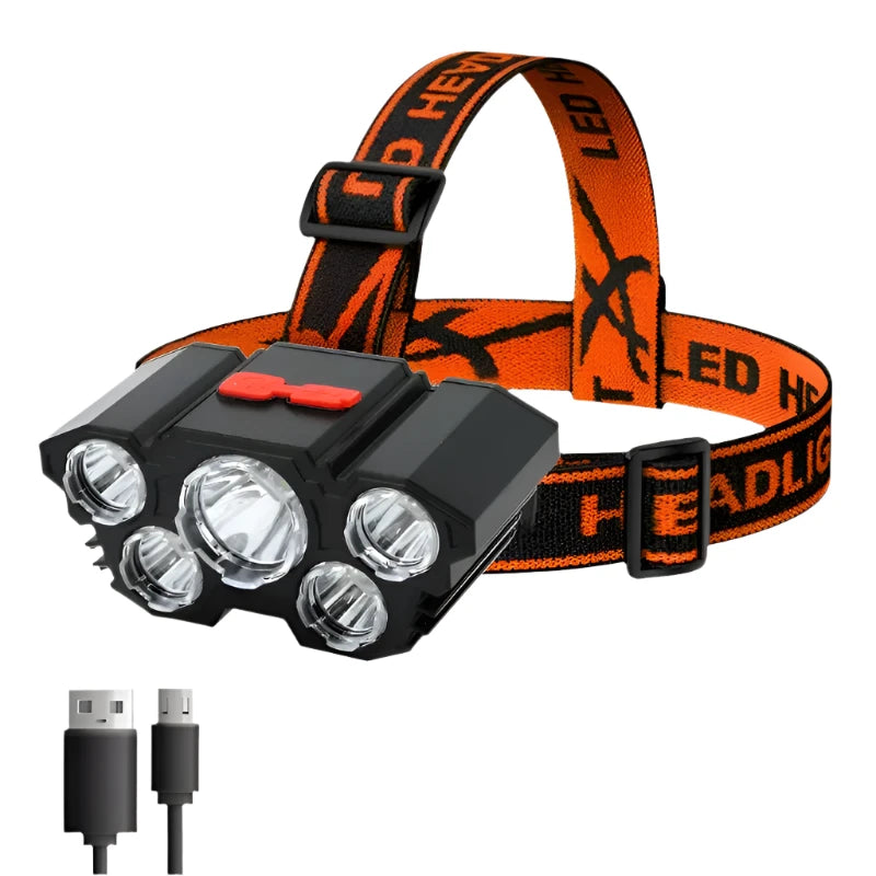 Lightweight carbon tent poles-5 LED Flashlight Rechargeable with Built in 18650 Battery Strong Light Camping Adventure Fishing Head Light Headlamp