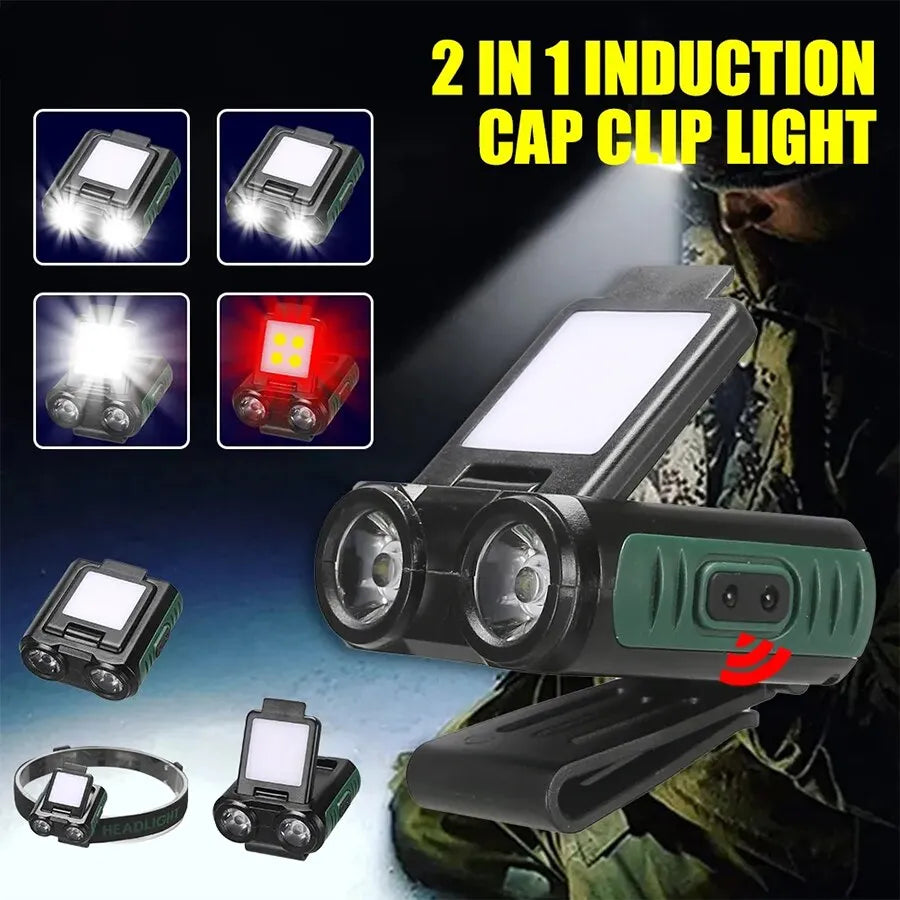 Quick-dry stretch hiking pants-Sensor COB LED Headlamp Cap Clip Light USB Rechargeable Head Flashlight Built-in Battery Headlight Led Head for Fishing Camping