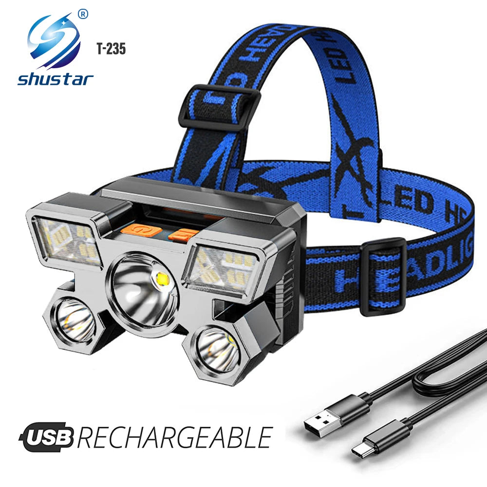 Collapsible high-capacity water tank-Led Five-Head Headlamp Strong Light Super Bright Rechargeable Fishing Headlight Long-Range Head-Mounted Mine Lamp Flashlight