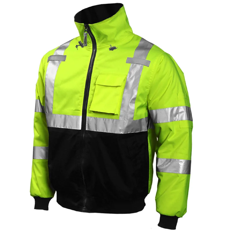 Reflective steel tent stakes-Bomber Jacket -  Type R Class 3 - Fluorescent Yellow-Green-Black - Silver Reflective Tape - Insulated Fleece Liner - Attached Hood