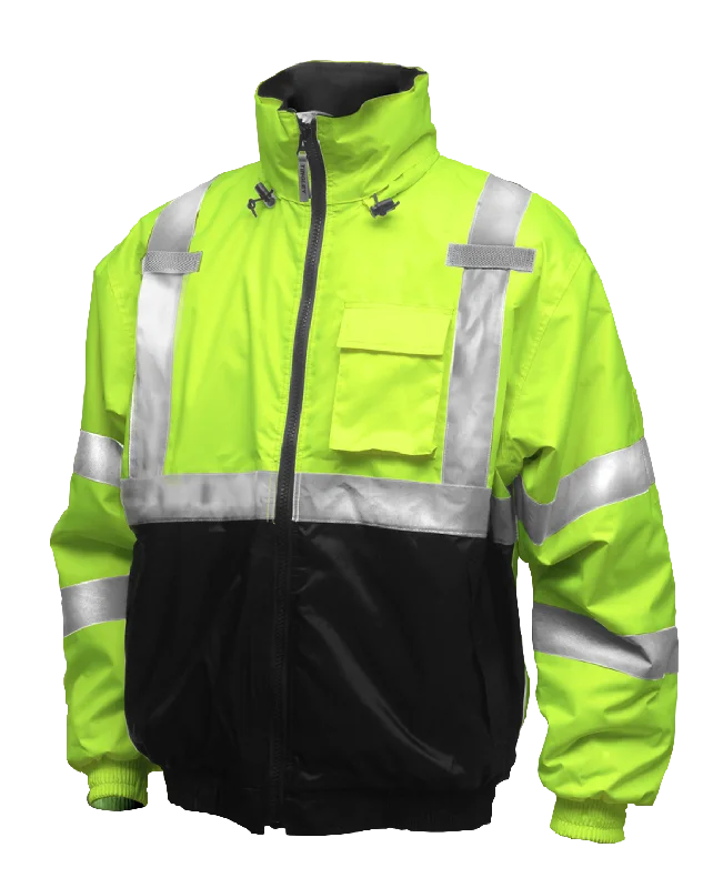 Rechargeable hiking area floodlight-Bomber II™ Jacket - Type R Class 3 - Fluorescent Yellow-Green-Black - Silver Reflective Tape - Polyester Quilted Liner - Attached Hood