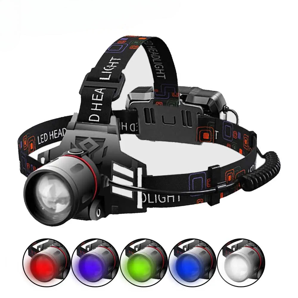 Storm-sealed camping dry sack-XML-T6 LED Headlamp 3-Mode Zoomable Headlight 18650 Head Torch Fishing Light White Red Blue Green 395nm UV Hunting Flashlight