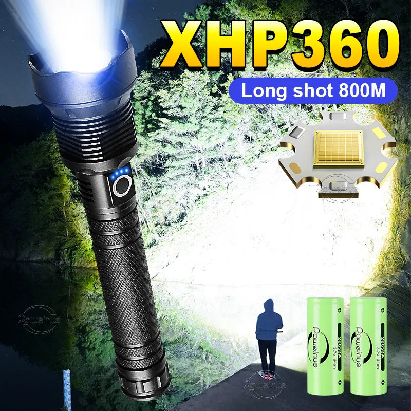 Load-bearing quick-release hiking strap-3800LM XHP360 LED Rechargeable Flashlight 18650 USB High Power LED Flashlight Zoom Torch IPX5 Tactical Lantern Camping Hand Lamp