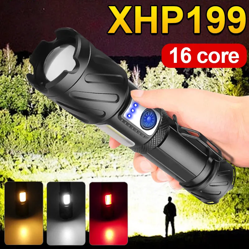 Rust-free steel tent pegs-Newest XHP199 LED Powerful Flashlight USB Rechargeable Tactical Flash Light 18650 Hunting Torch Zoomable High Power LED Lantern