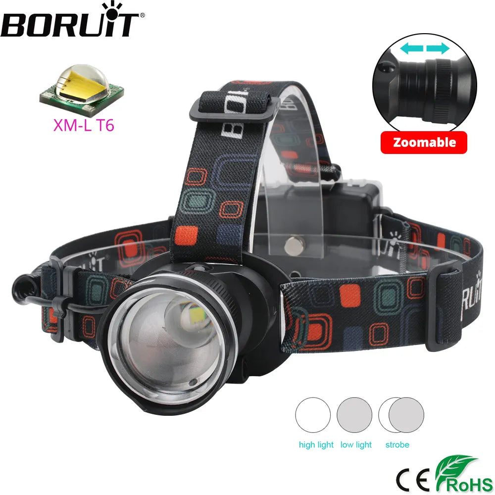 Sun-shielding trekking visor-BORUiT RJ-2166 Zoom Headlamp LED Powerful Headlight Waterproof Head Torch Camping Hunting Flashlight Use AA Battery