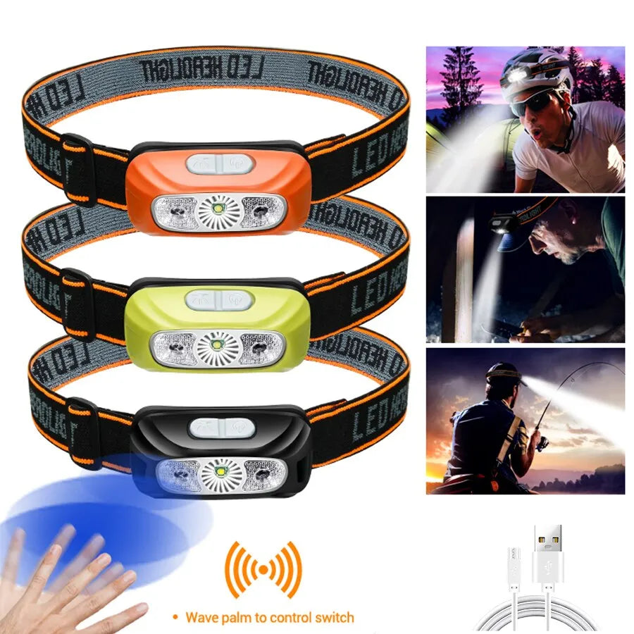 Braided high-tensile hiking rope-Mini Rechargeable Powerful Sensor Headlamp Fishing Camping USB Head Flashlight COB LED Head Light Torch Headlights Front Lantern