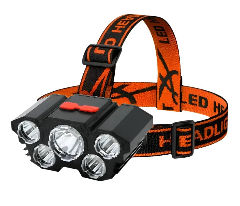 Elasticated camping tie-down strap-5 LED Flashlight Rechargeable with Built in 18650 Battery Strong Light Camping Adventure Fishing Head Light Headlamp