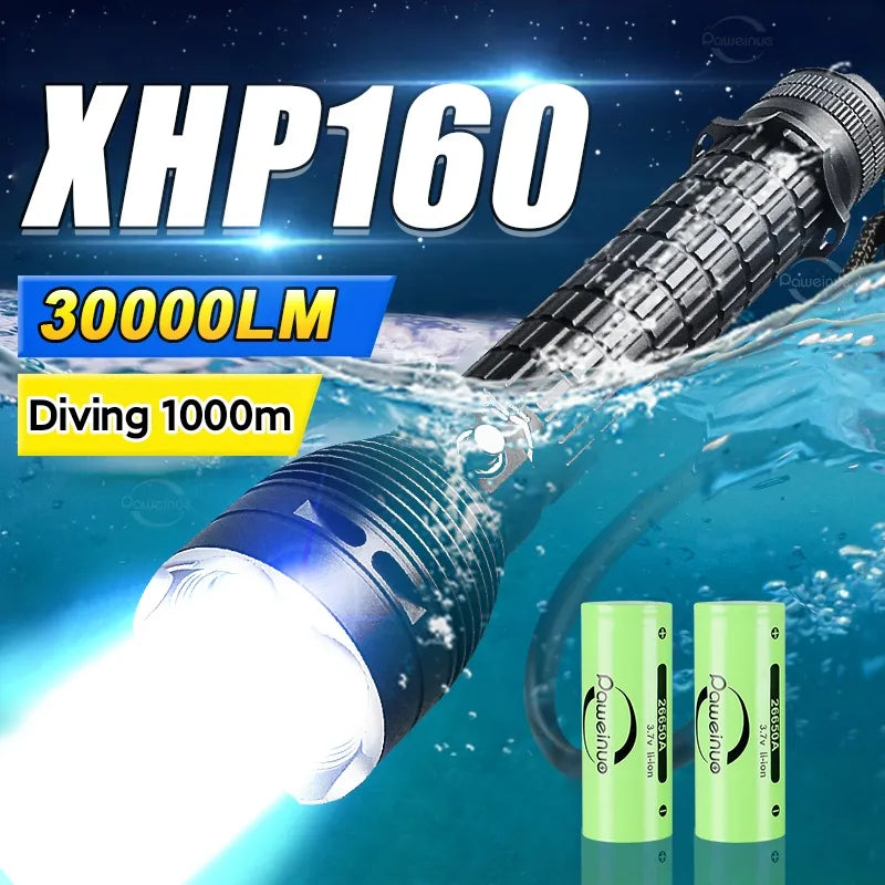 Portable USB camping fan-Bright XHP70 Professional Diving Flashlight IPX8 Waterproof Led Torch White Light Underwater Flashlight Underwater Lantern