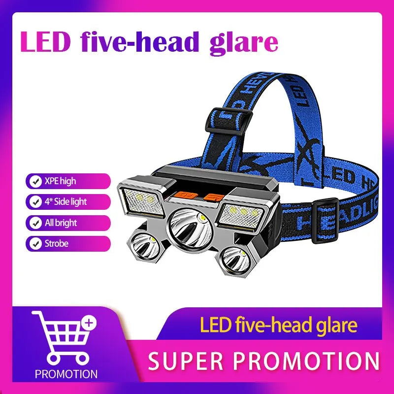 Fully-taped waterproof hiking boots-Led Five Head Headlight Strong Light Super Bright Rechargeable Fishing Lamp Long Range Head Mounted Mine Lamp Flashlight