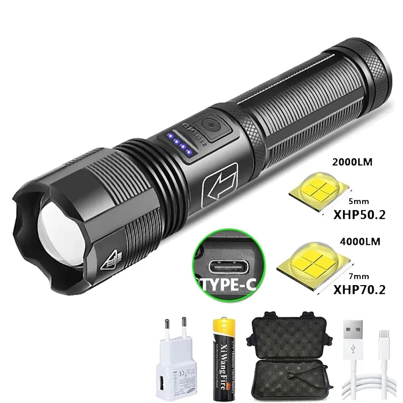 Rechargeable campsite signal lamp-Portable 4 Core Led Flashlight Aluminum Alloy XHP70.2  XHP50.2 Usb Rechargeable Zoomable Lantern 18650 AAA Battery Hunting Torch