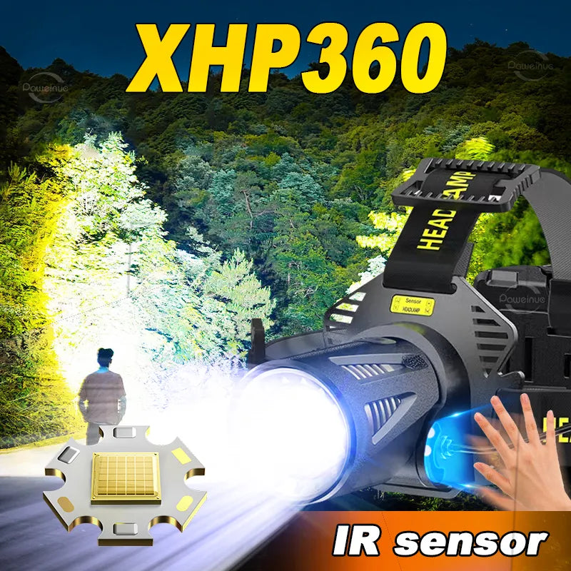 Compact outdoor survival hiking kit-IR Sensor XHP360 Powerful LED Headlamp Rechargeable Head Flashlight XHP199 High Power Headlight 18650 Head Lamps Camping Lantern