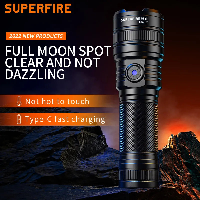 High-power hiking binoculars-SUPERFIRE L16-T High power led flashlights Zoom Torch Strong Light Rechargeable 5 Modes Outdoor Camping Emergency for fishing