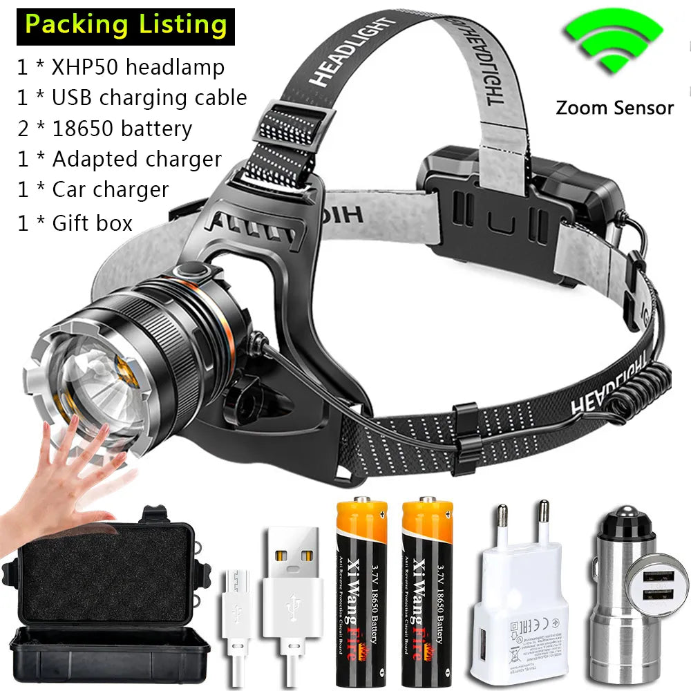 Folding lightweight camp table-Super Powerful XHP70 Led Headlamp Induction Zoom Headlight XHP50 Rechargeable Head Flashlight Use 3x18650 Battery for Camping