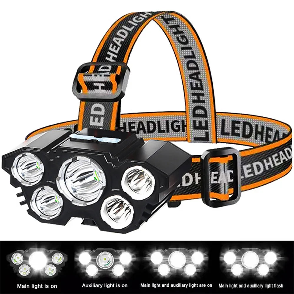 Reinforced nylon trekking rope-5 Led Headlight Super Bright Head-Mounted Strong Flashlight Usb Rechargeable Built-in Battery Outdoor Rechargeable Night Fishing