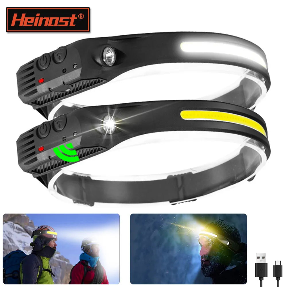 Cooling UV hiking neck gaiter-Sensor Headlamp COB LED Head Lamp Flashlight USB Rechargeable Head Torch 5 Lighting Modes Head Light with Built-in Battery