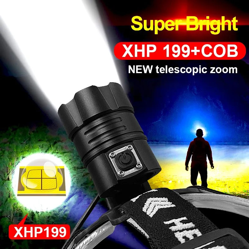 Collapsible high-volume water jug-High Lumens XHP199 Powerful Led Headlamp XHP160 USB Rechargeable Headlight 18650 Head Flashlight Fishing Camping Head Lamp