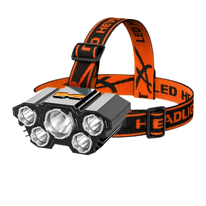 Reflective nylon hiking cord-5 LED Headlamp Rechargeable with Built in 18650 Battery Strong Light Headlight Camping Adventure Fishing Head Light Flashlight