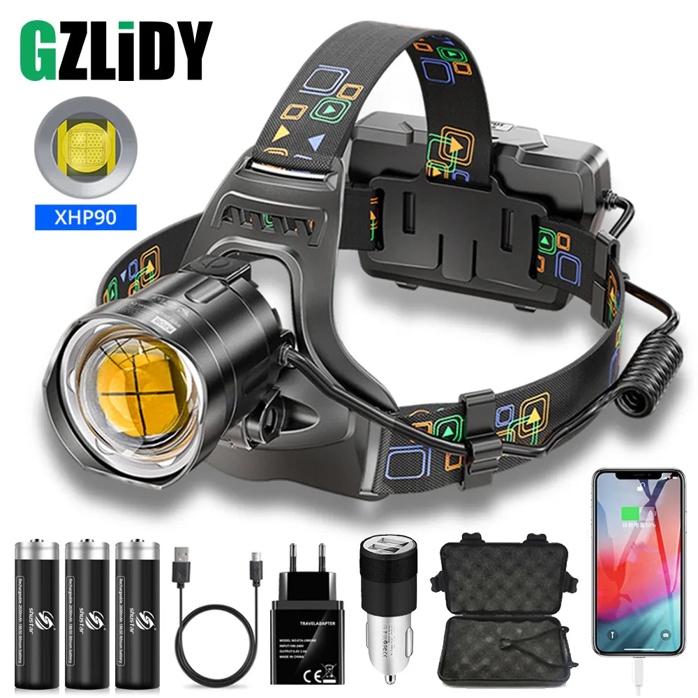 Fast-drying hiking cargo shorts-Powerful XHP90 LED Headlamp 3 Modes Waterproof Zoom Headlight USB Rechargeable 18650 Lantern Suitable for Hunting, Fishing.etc