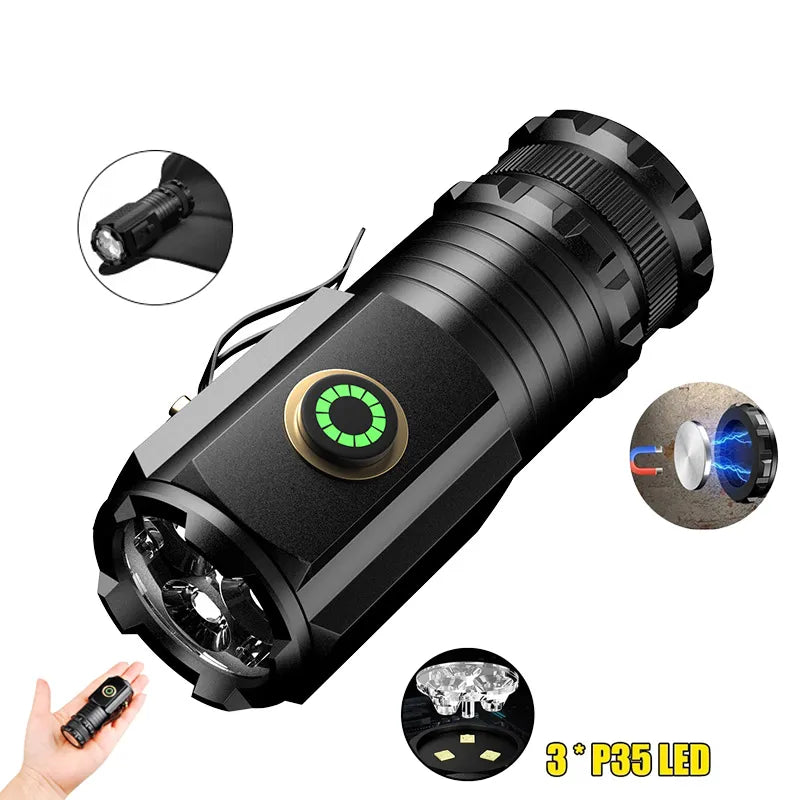 High-wattage camping battery-2000LM Powerful 3 LED Mini Flashlight Built-in Battery USB Rechargeable Waterproof Torch With Magnet Outdoor Camping Lantern