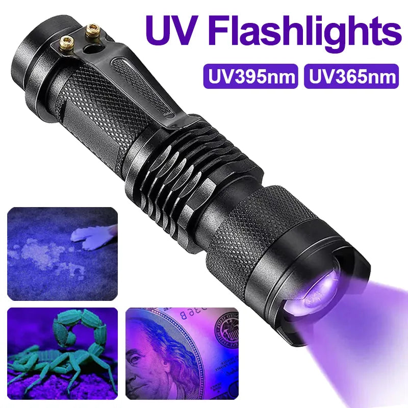 UV-shielding trekking neck gaiter-LED UV Flashlight 365/395nm Portable Mini Ultraviolet Torch Waterproof Zoomable Violet Light Pet Urine Scorpion Detector UV Lamp