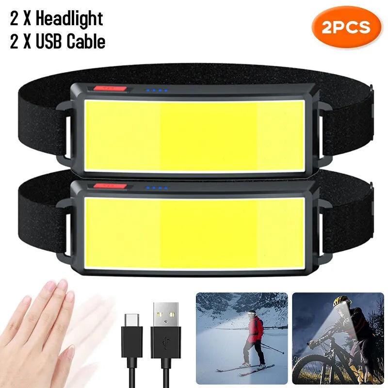 High-stability backpacking tent-1-2PCS COB LED Headlight Flashlight 3 Mode USB Rechargeable HeadLamp Hiking Torch Built-in 1200Mah Battery Outdoor Camping Lamp